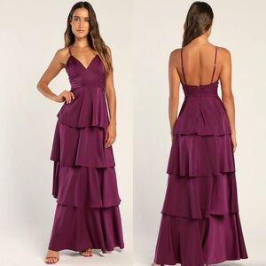NWT Lulu’s Going with Elegance Plum Purple Satin Tiered Gown Medium Party Chic